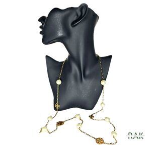 TORY BURCH Gold-Plated Logo & Pearl Station Long Necklace